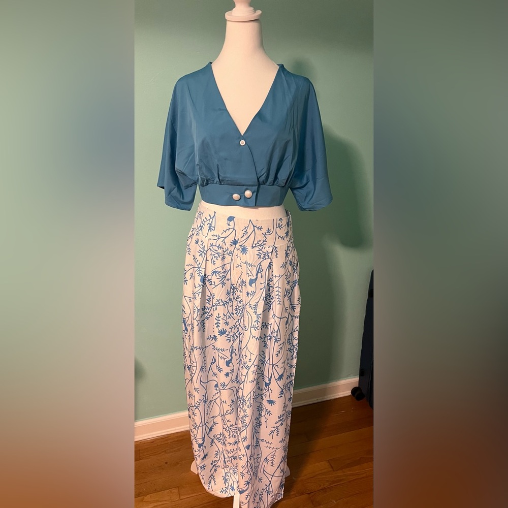 2 piece floral wide pant set with matching blue crop top. Size Medium.